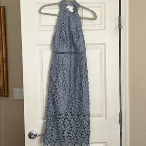Bardot High Neck Leaf Lace Dress in Dusty Blue